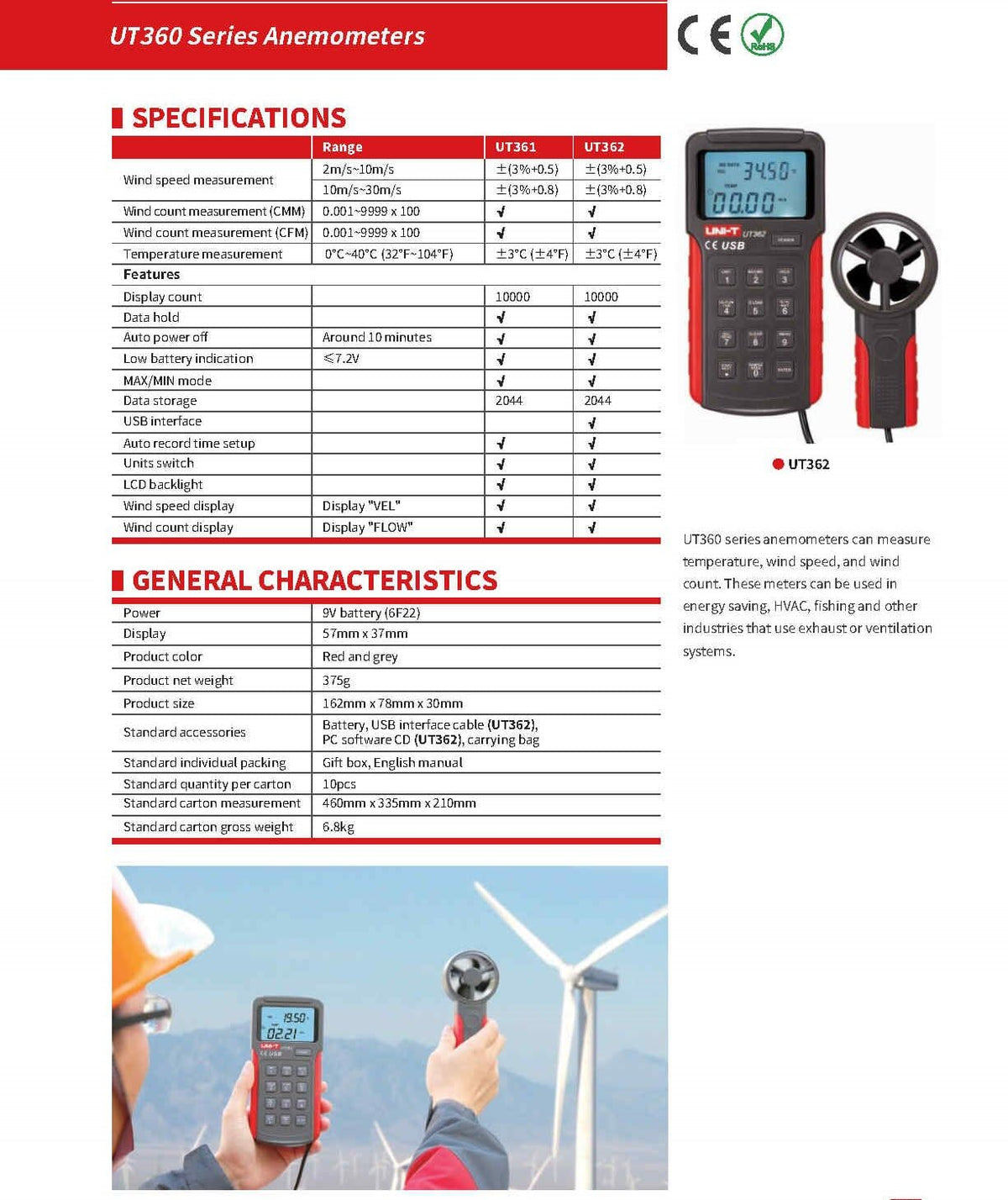 UNI-T UT361 UT362 Digital Wind Speed Meter Split Type Tachometer 2-30m/s LCD Backlight Anemometer with Data Storage(UT362)