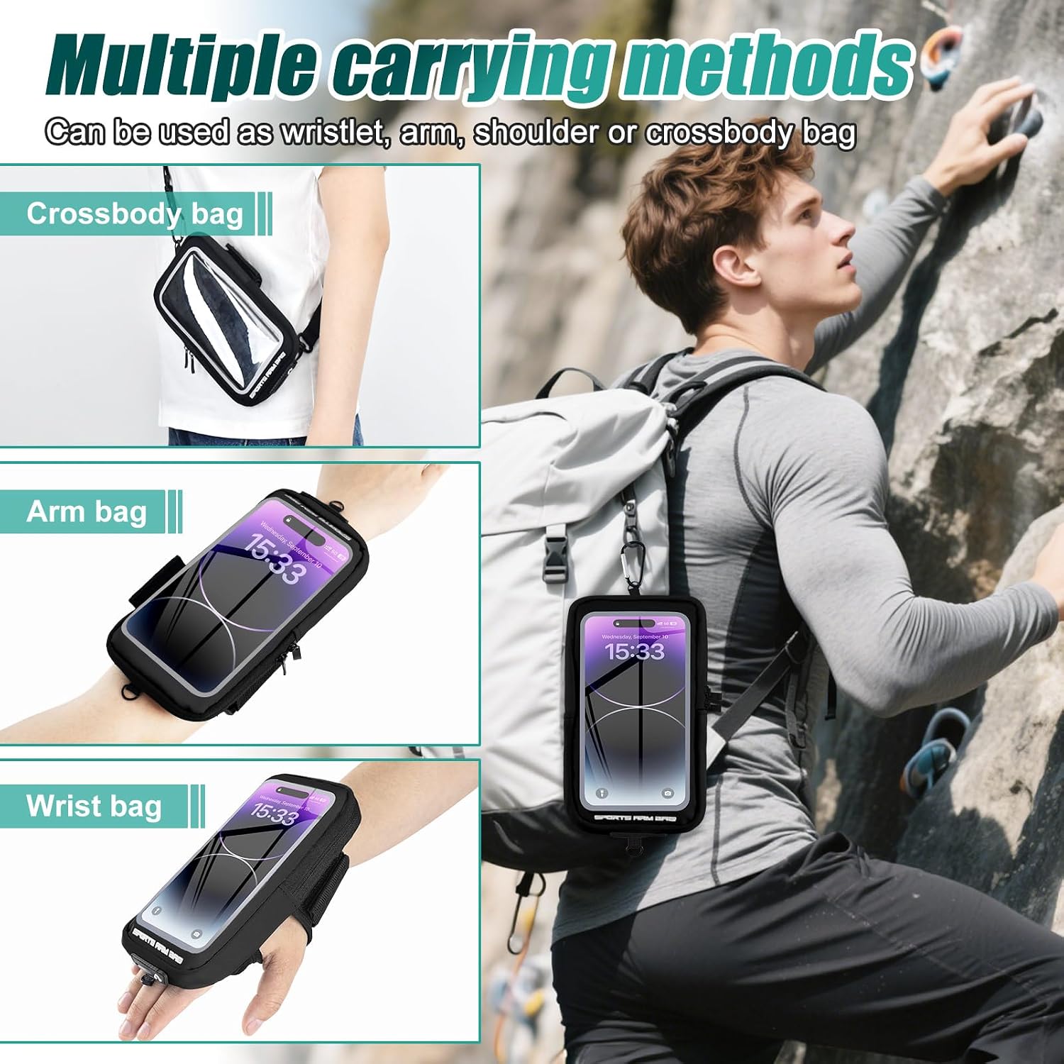 Phone Holder for Running, Running Armband Phone Holder with Carabiner, Phone Armbands for iPhone 17 16 15 14 13 12