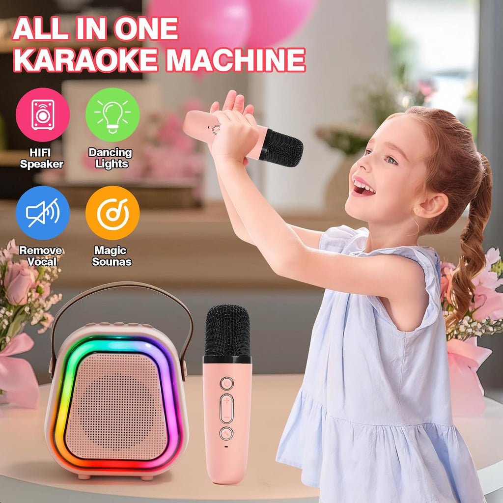 Mini Karaoke Machine for Kids, Karaoke Speaker with LED Lights, Portable Bluetooth Entertainment System with 2