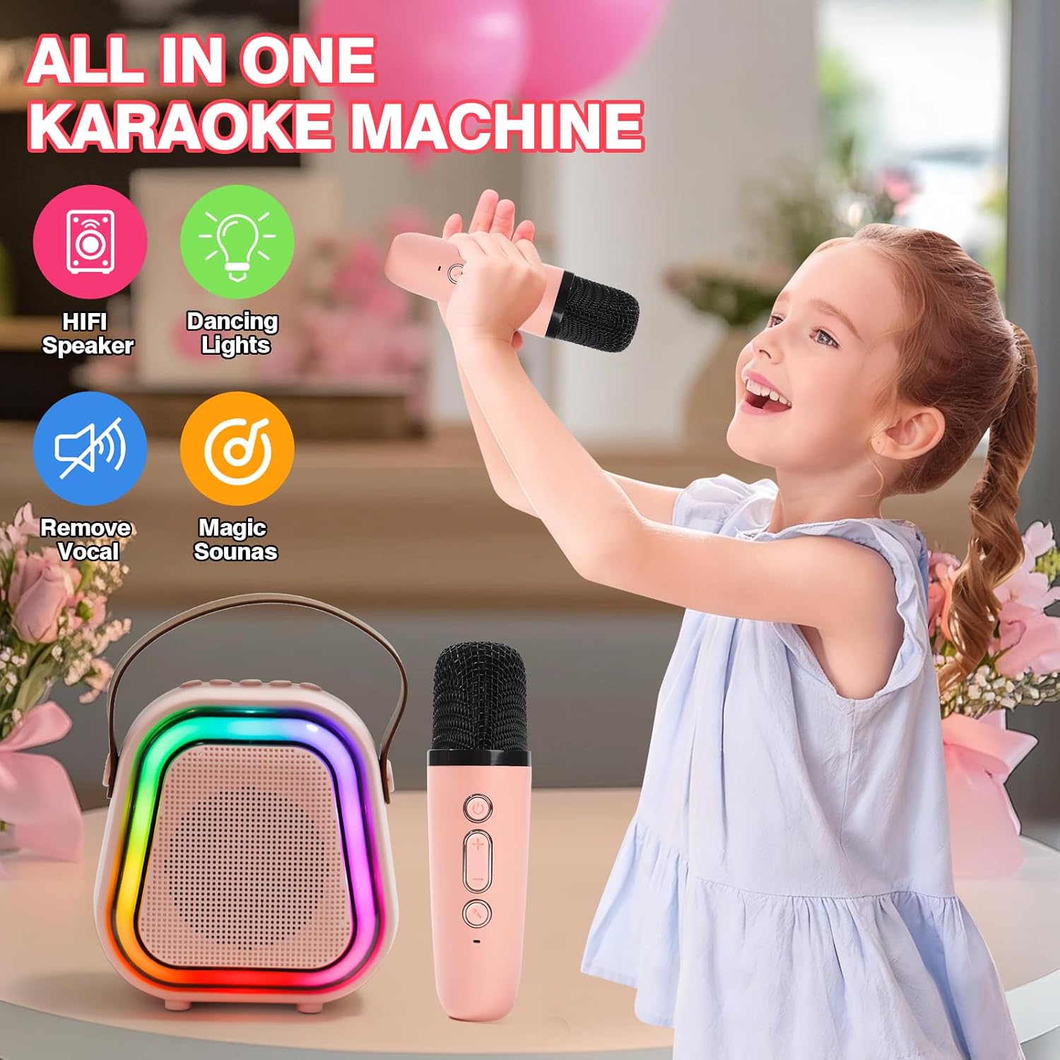 Mini Karaoke Machine for Kids, Karaoke Speaker with LED Lights, Portable Bluetooth Entertainment System with 2