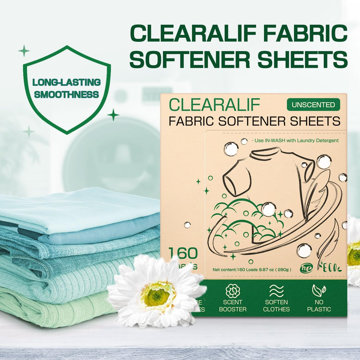 Liquidless Fabric Softener Sheets, Unscented Scent, 160 Loads