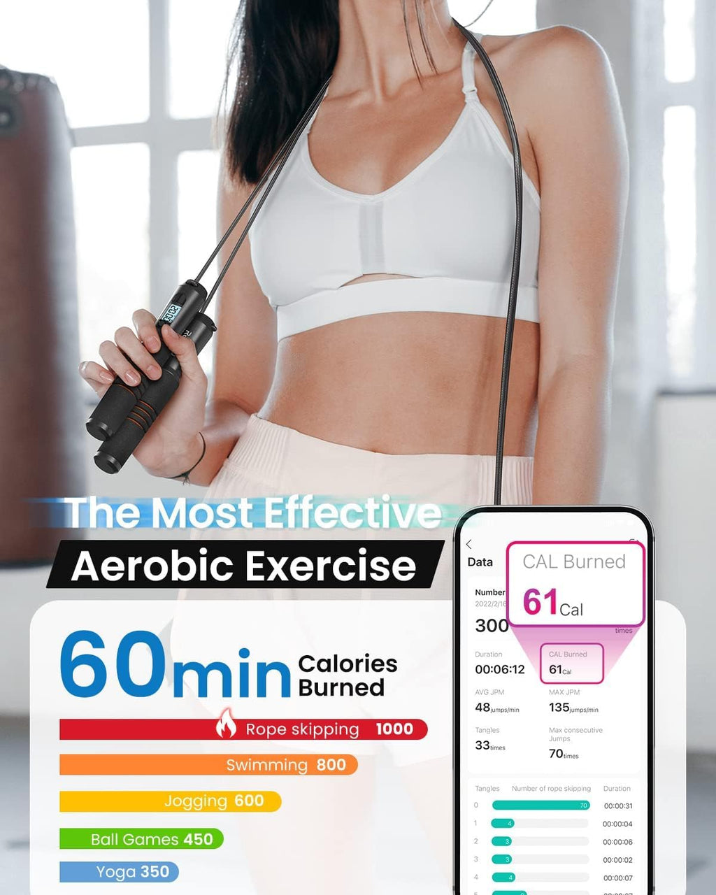 Smart Jump Rope - APP Data Storage & Tracking & Analysis, Tangle-Free Jumping Rope for Men, Women, Skipping Rope with