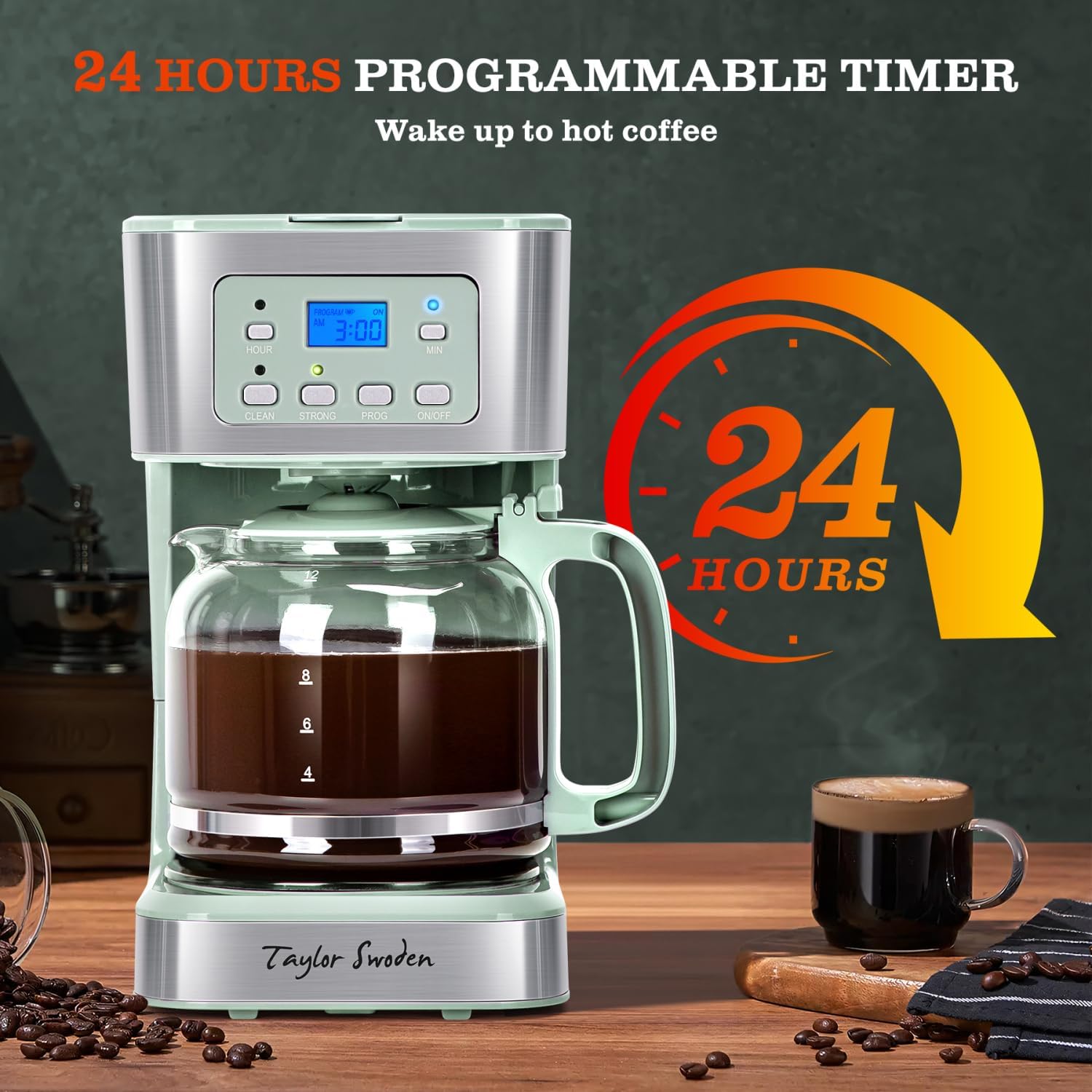 12-Cup Programmable Coffee Maker, Green & Stainless Steel | Regular & Strong Brew Drip Coffee Machine for Home and