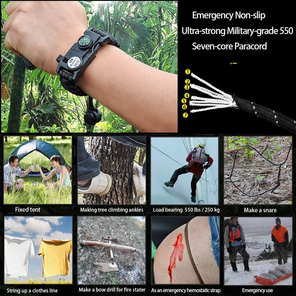 Survival Paracord Bracelet,Fire Starter,Waterproof SOS Light, Compass, Whistle, Adjustable AK87 20 in 1,Outdoor