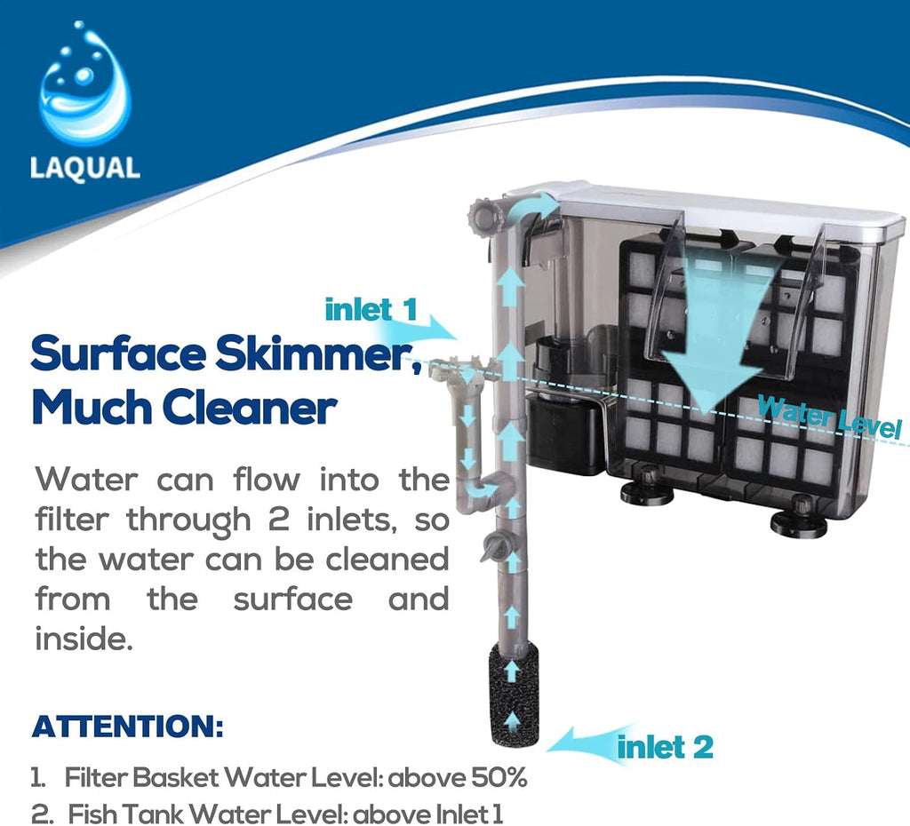 Aquarium Filter with Surface Skimmer, 30-50 Gallon Small Fish Tank Filter, Full Contact & 3 Layer Filtration, Quiet &