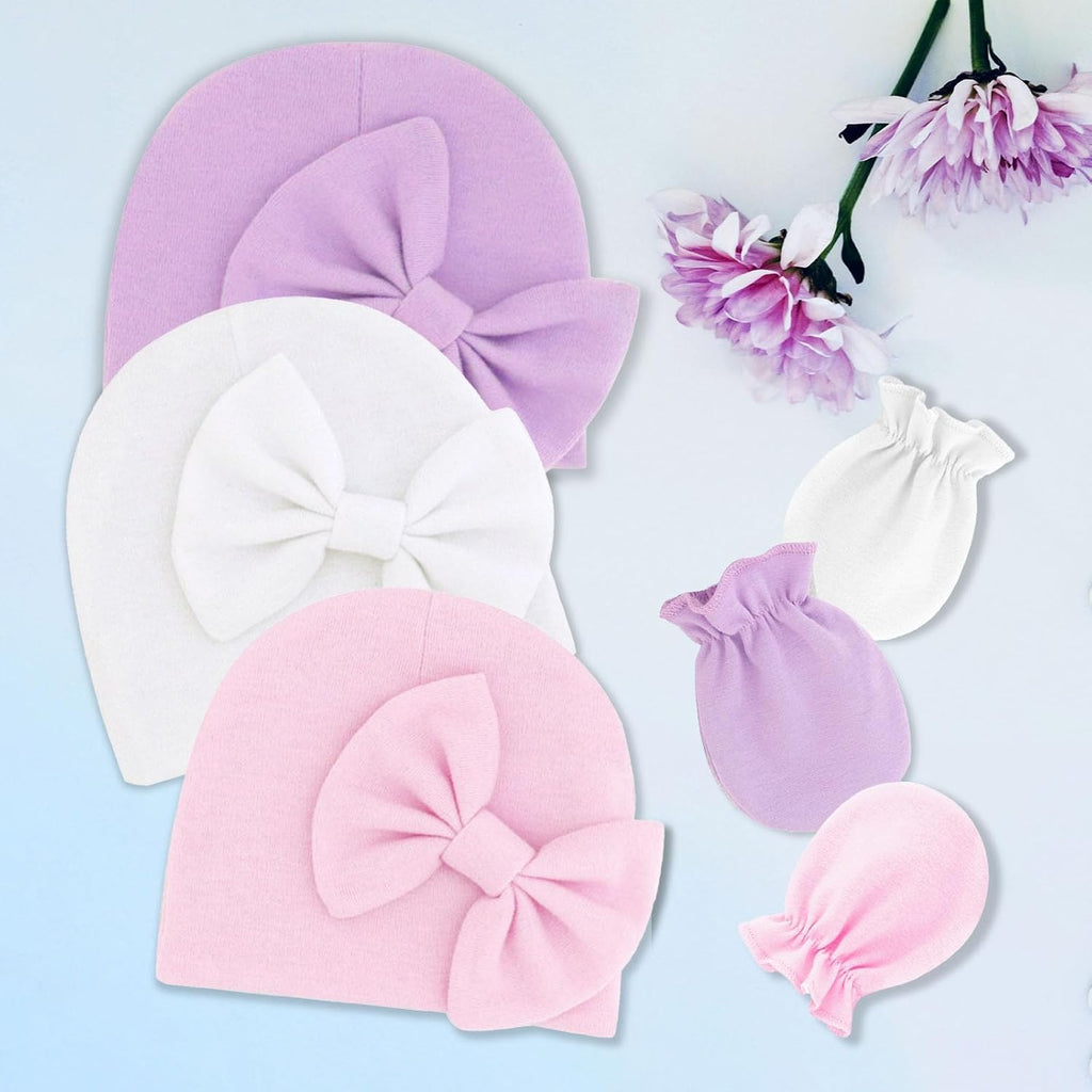 Newborn Baby Hats Mittens Sets Bow Infant Caps Gloves No Scratch Mitten Beanie Set for 0-6 Months Girls