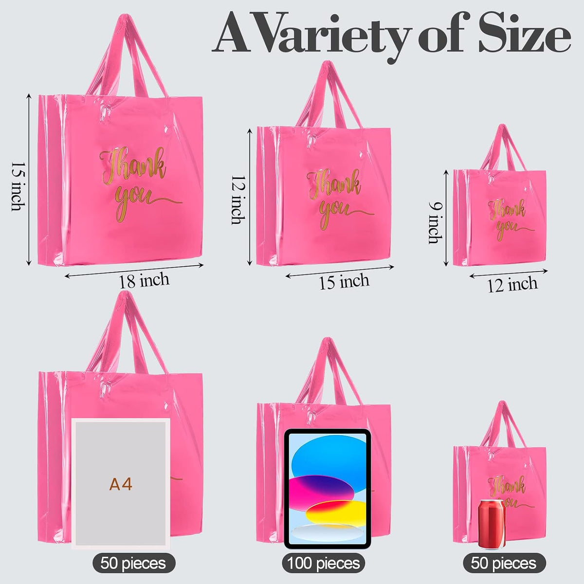200 Pcs Thank You Shopping Bags with Handle,Pink