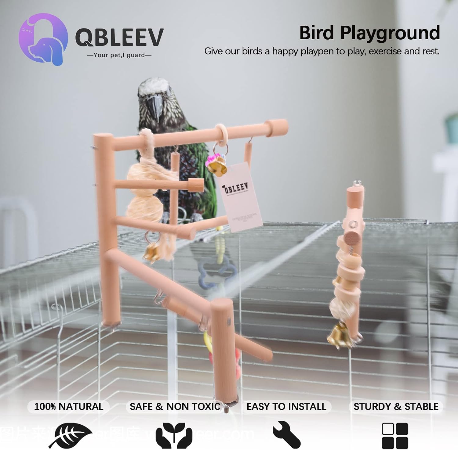 Bird Cage Play Stand Toy Set-Birdcage Wood Stands Hanging Chew Toys Ladder Swing Parrot Perch Play Gym Playground