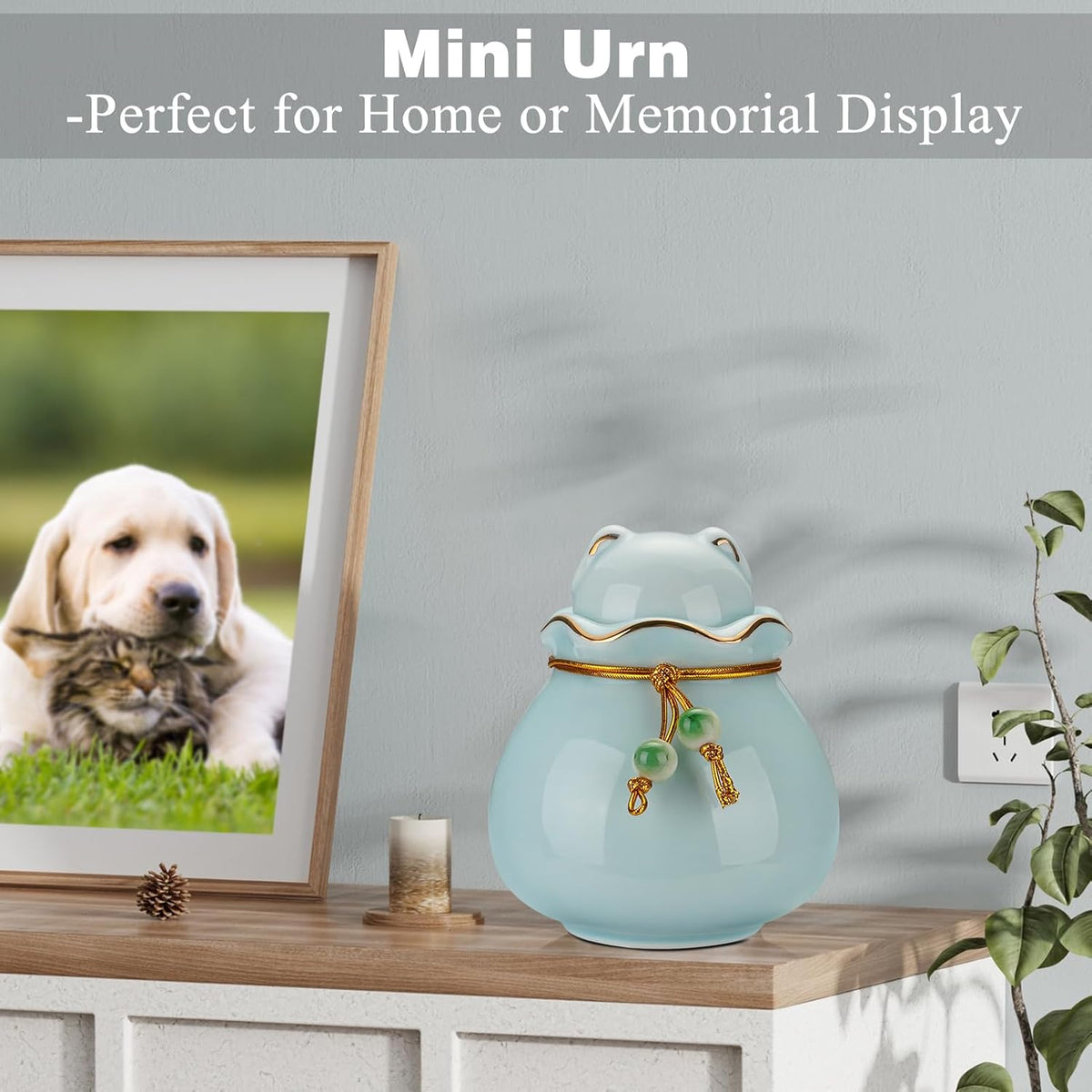 Pet Memorial Urn for Cat or Dog Ashes - 3.54"x3.15" Elegant Ceramic Keepsake with Pet-Shaped Lid & Gold Trim, Small