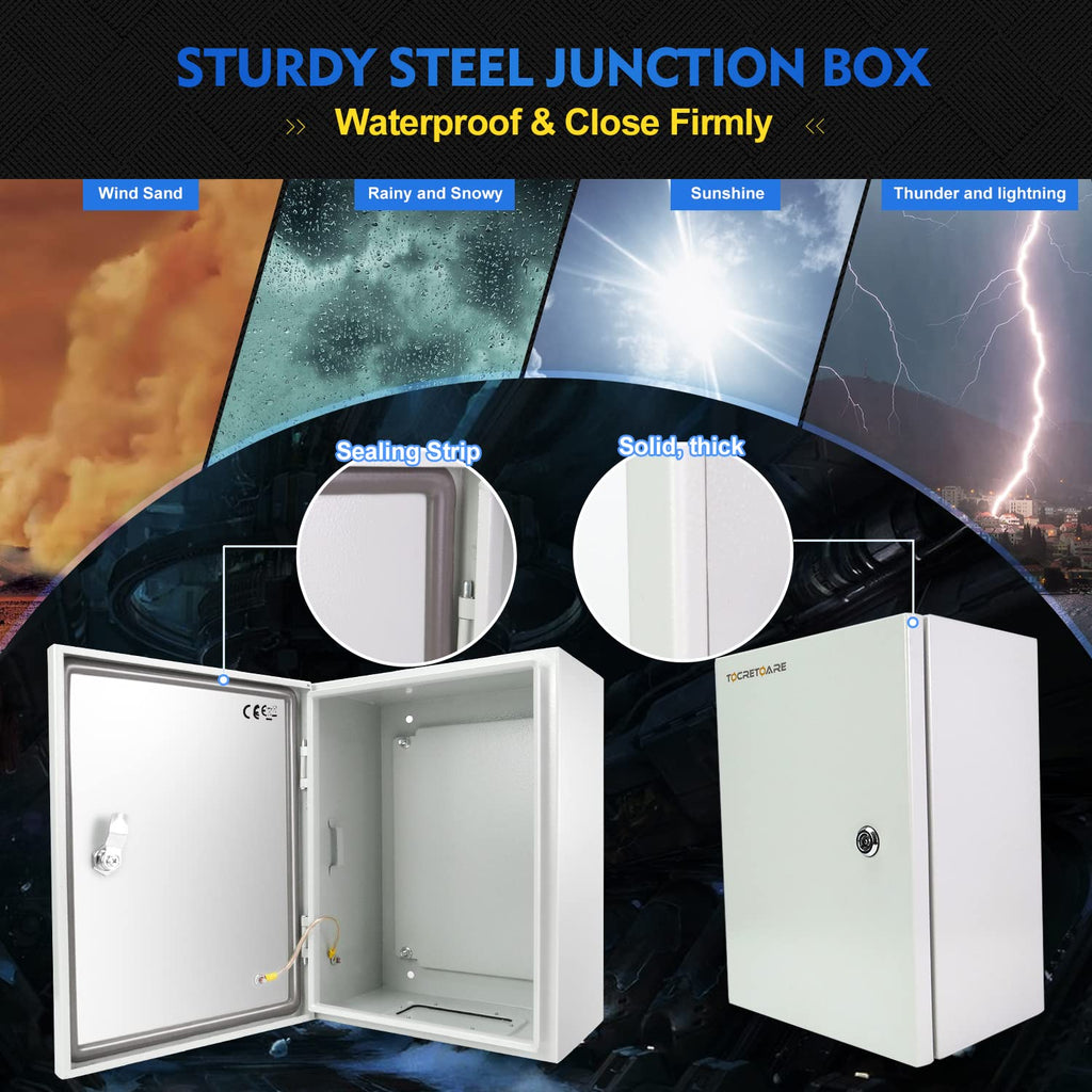 Tocretoare Outdoor Electrical Box, Steel Junction Box 20 x 16 x 8'', NEMA 4X Electrical Enclosure Box IP66 Waterproof & Dustproof, Universal Electrical Project Box with Lock & Mounting Plate