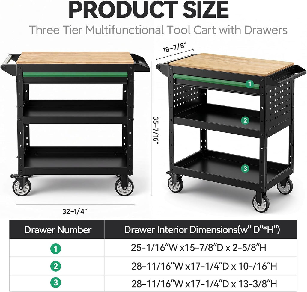StrideoooTrek Rolling Utility Cart with Wooden Top, 3-Tier Mobile Workshop Table, Heavy-Duty Wheels,330LB Load