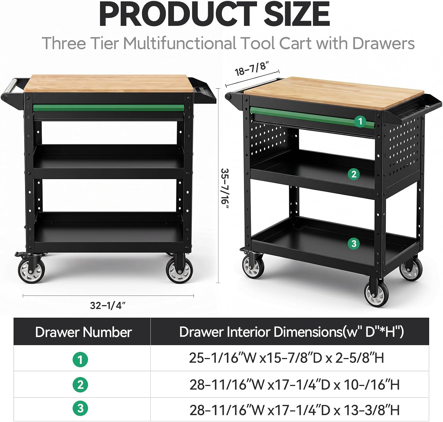 StrideoooTrek Rolling Utility Cart with Wooden Top, 3-Tier Mobile Workshop Table, Heavy-Duty Wheels,330LB Load