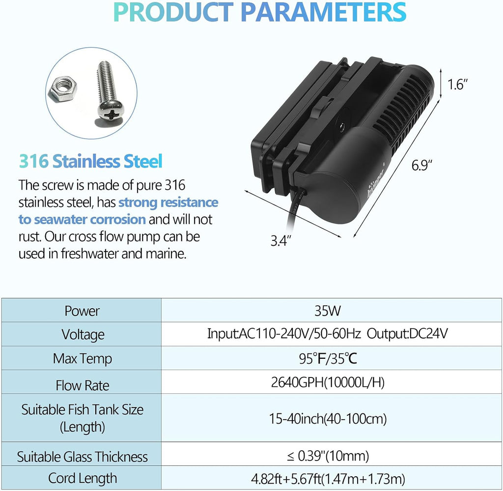 Wave Maker For Aquarium, Magnetic DC 24V 35W Aquarium Powerhead，2640GPH Adjustable Cross Flow Pump with LED Display