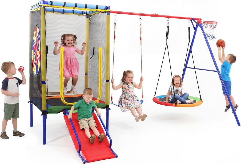 Swing Sets for Backyard, 6 in 1 Outdoor 440LBS Heavy Duty A-Frame Metal Stand with Trampoline, Slide, Saucer Swing