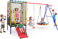 Swing Sets for Backyard, 6 in 1 Outdoor 440LBS Heavy Duty A-Frame Metal Stand with Trampoline, Slide, Saucer Swing