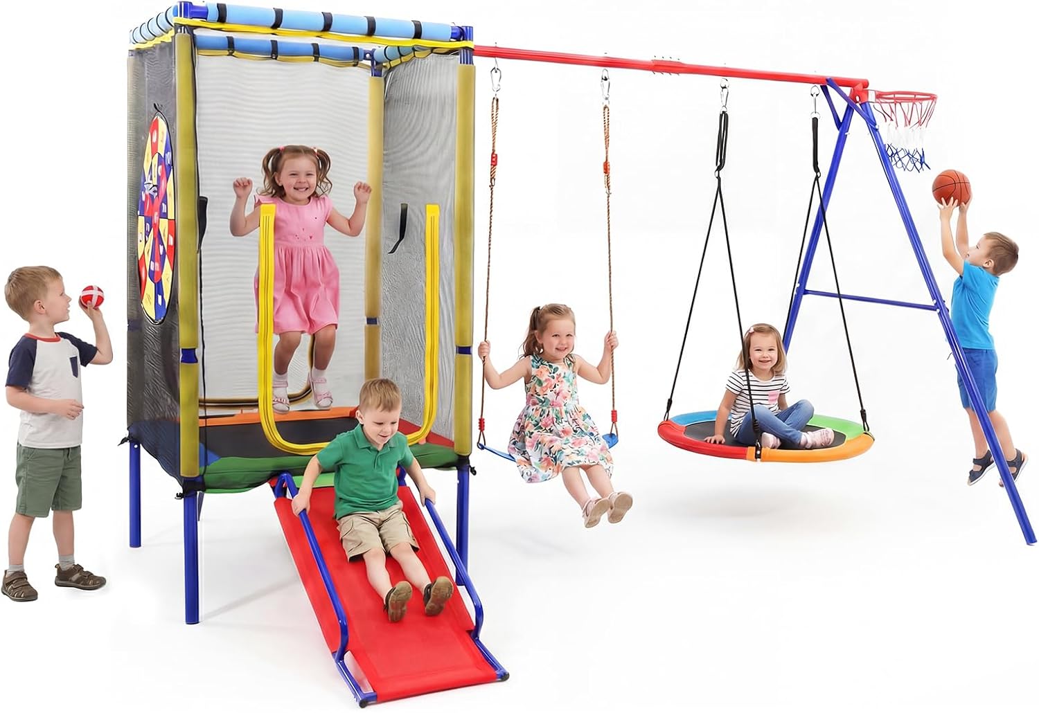 Swing Sets for Backyard, 6 in 1 Outdoor 440LBS Heavy Duty A-Frame Metal Stand with Trampoline, Slide, Saucer Swing