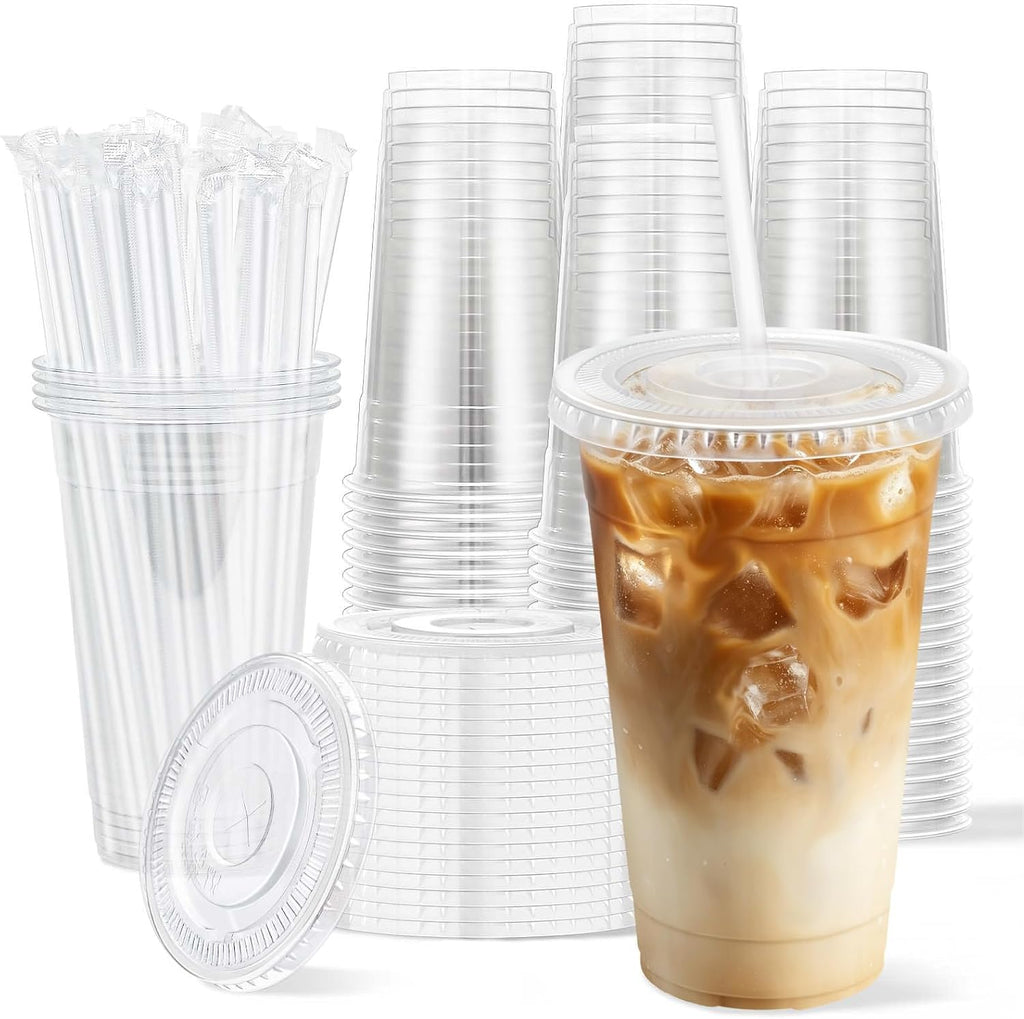 100 Pack 20 oz Disposable Clear Plastic Cups with Lids and Straws