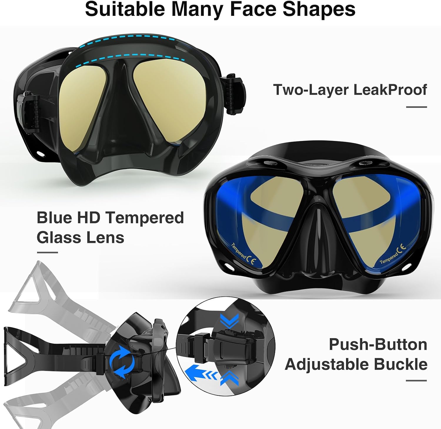 Snorkeling Gear for Adults, Snorkel Mask With Mirrored Tempered Glass Lens 180° Wide View Anti-Fog Scuba Diving Mask
