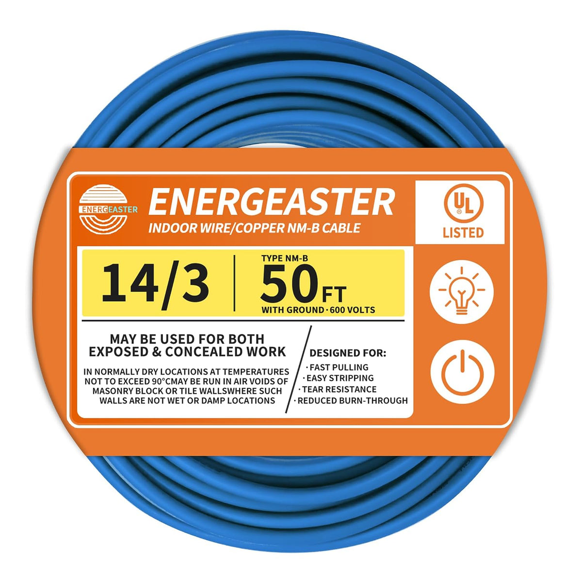 Energeaster Solid Indoor 14/3 NM-B Copper Cable with Ground 50FT, Blue