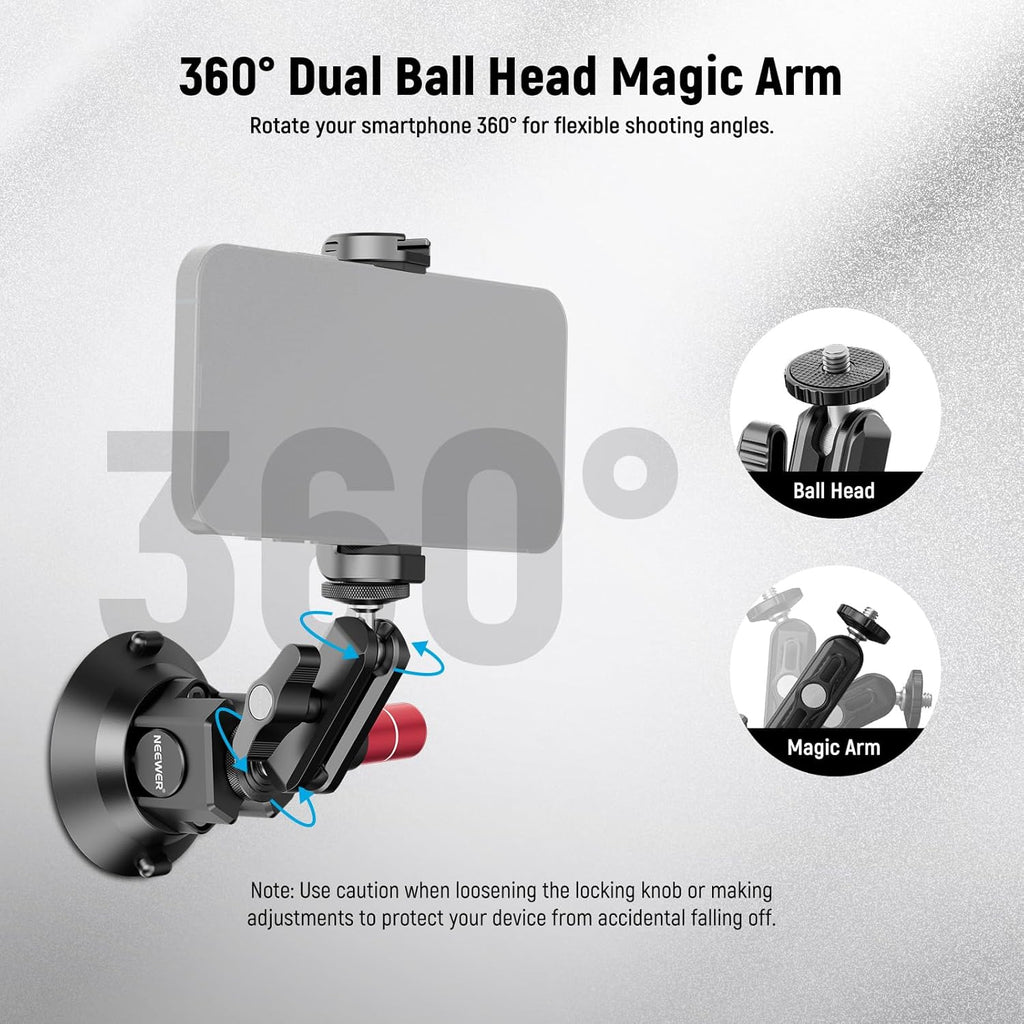 3" Suction Cup Camera Mount Bracket with Ball Head Magic Arm, 1/4" ARRI Holes, Quick Release Car Mount with Phone