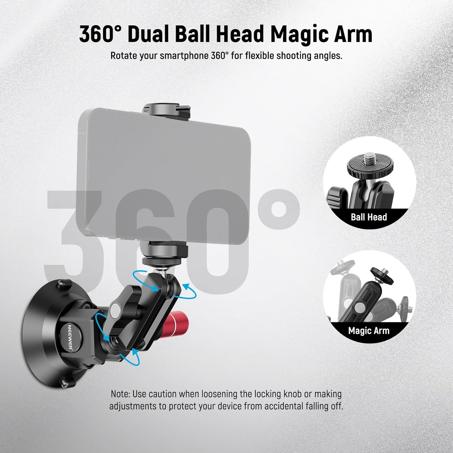 3" Suction Cup Camera Mount Bracket with Ball Head Magic Arm, 1/4" ARRI Holes, Quick Release Car Mount with Phone
