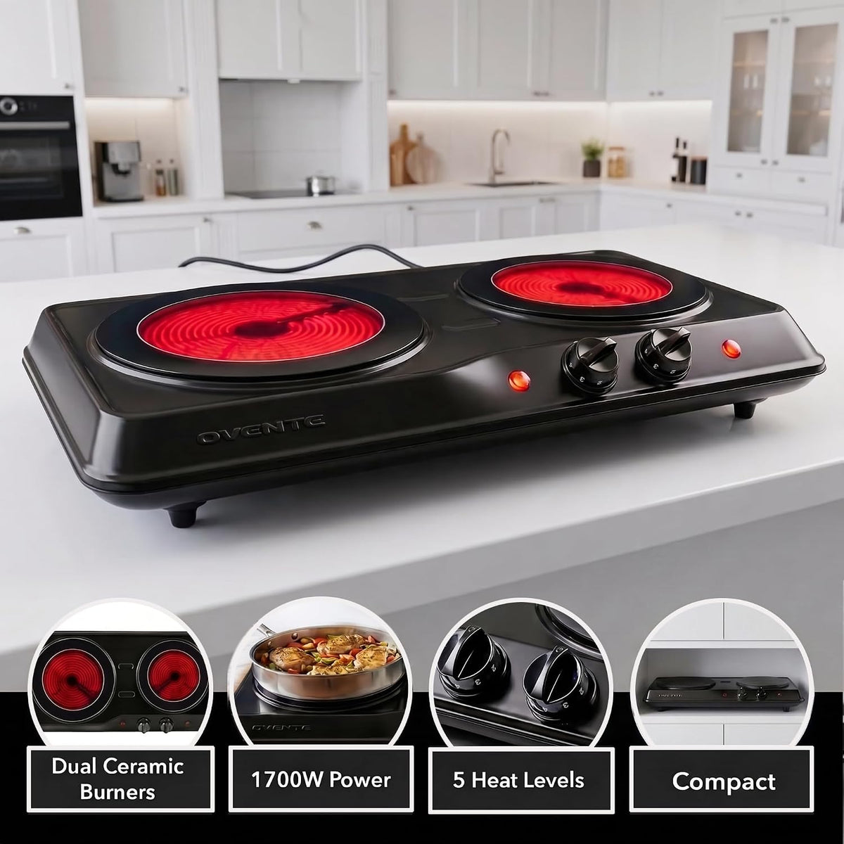 Electric Infrared Double Burner, 1700W Hot Plate, Black BGI102B