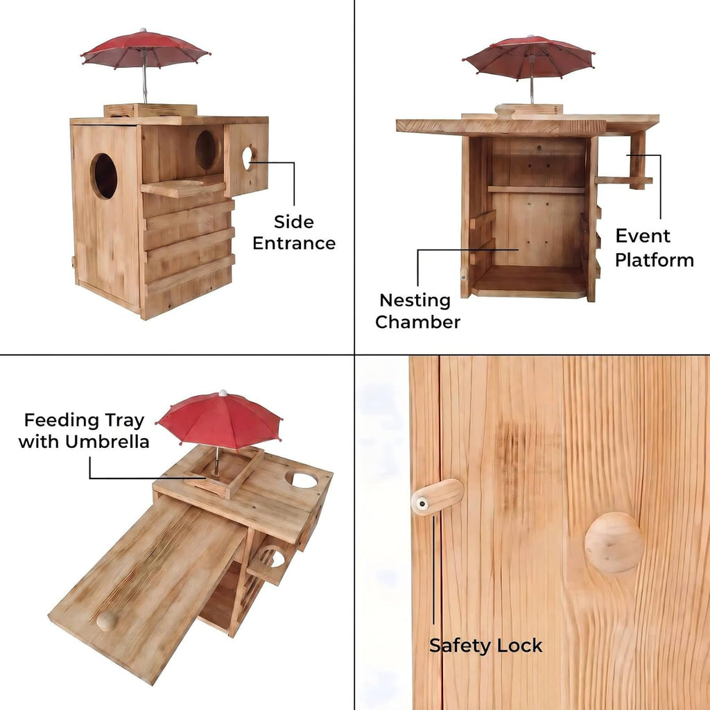 Large Wooden Squirrel House Outdoor，Nest Box with Feeder & Predator Guard