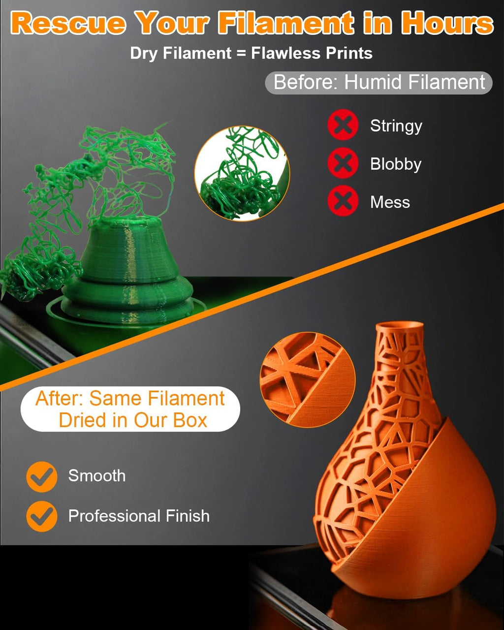 3D Printer Filament Dryer & Active Feeder | Print-While-Drying Spool Holder | 25W Continuous Silent Filament Warmer |