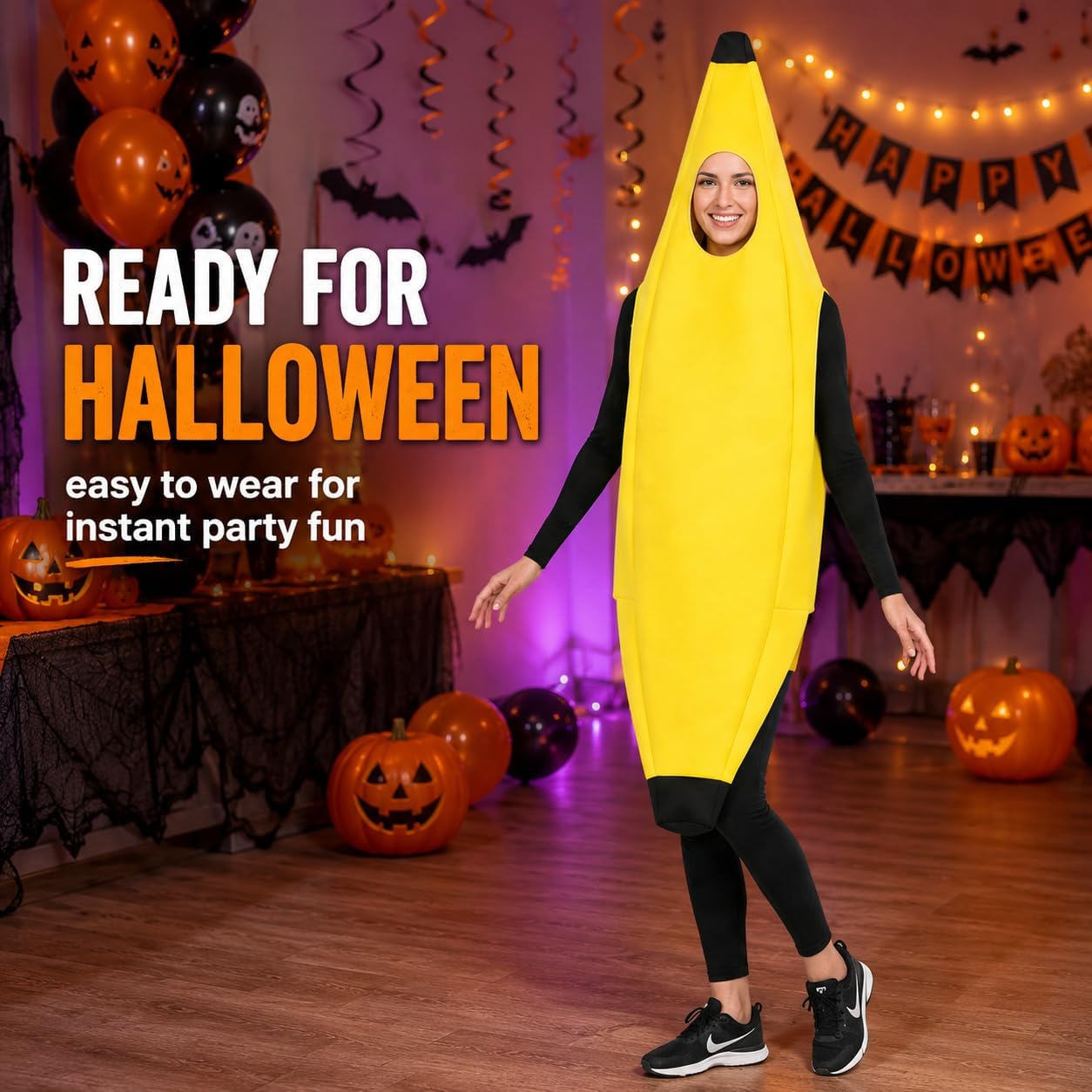 Small Banana Costume Set for Halloween Costume Man Women Dress Up Parties Cosplay Theater and Outdoor Event (54" L x