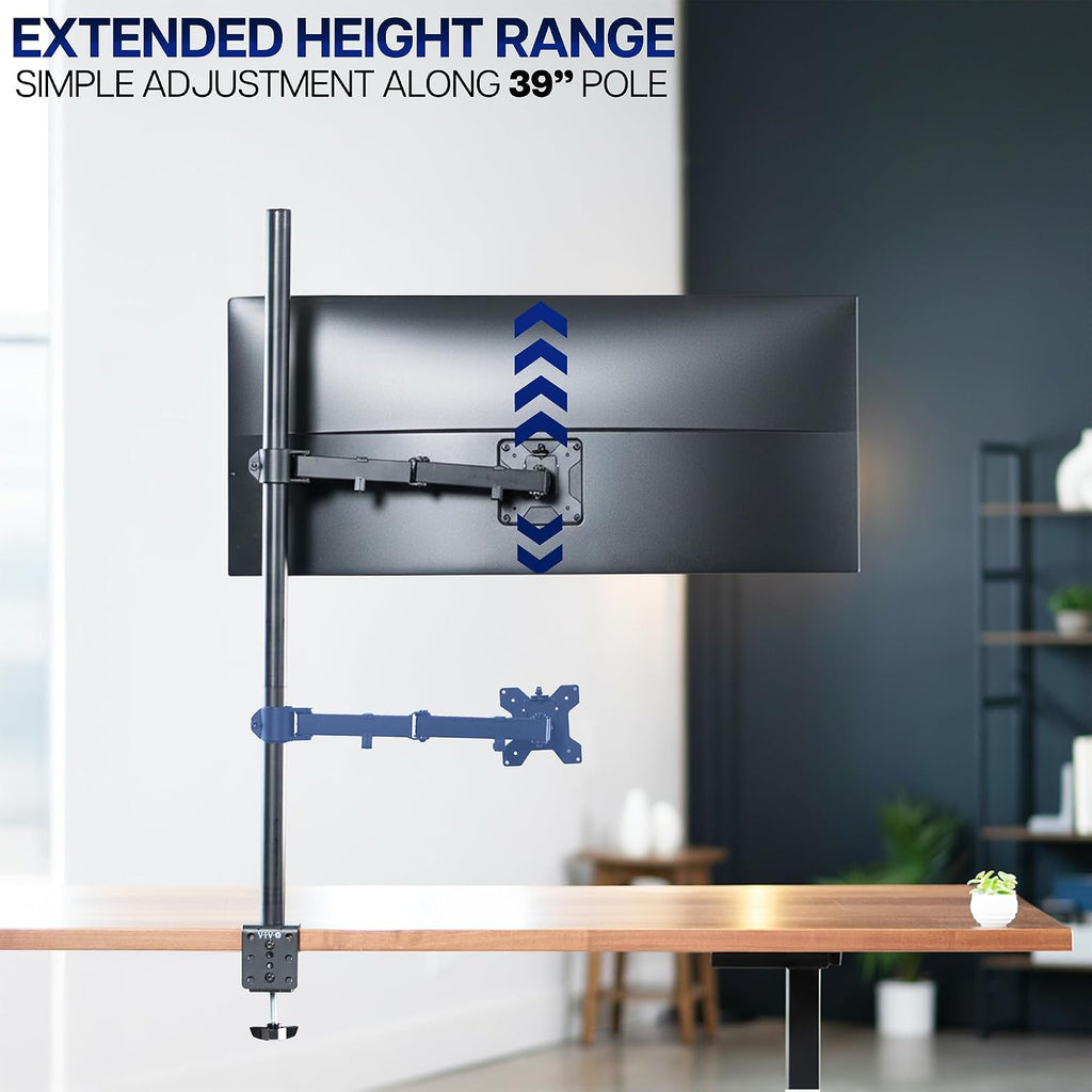 Extra Tall Single Monitor Desk Mount, 39 inch Pole VESA Stand for 13 to 32 inch Screens and up to 38 inch Ultrawides