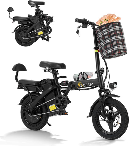 Foldable Electric Bike, 2 Seat 14" Adults Ebike|500W |20MPH |30+Miles | Removable 48V 7.8Ah Battery,3 Riding