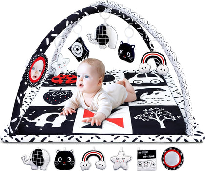 Black and White Baby Gym Play Mat with 6 Toys Tummy Time Activity Mat for Babies 0-6 6-12 Months High Contrast Baby