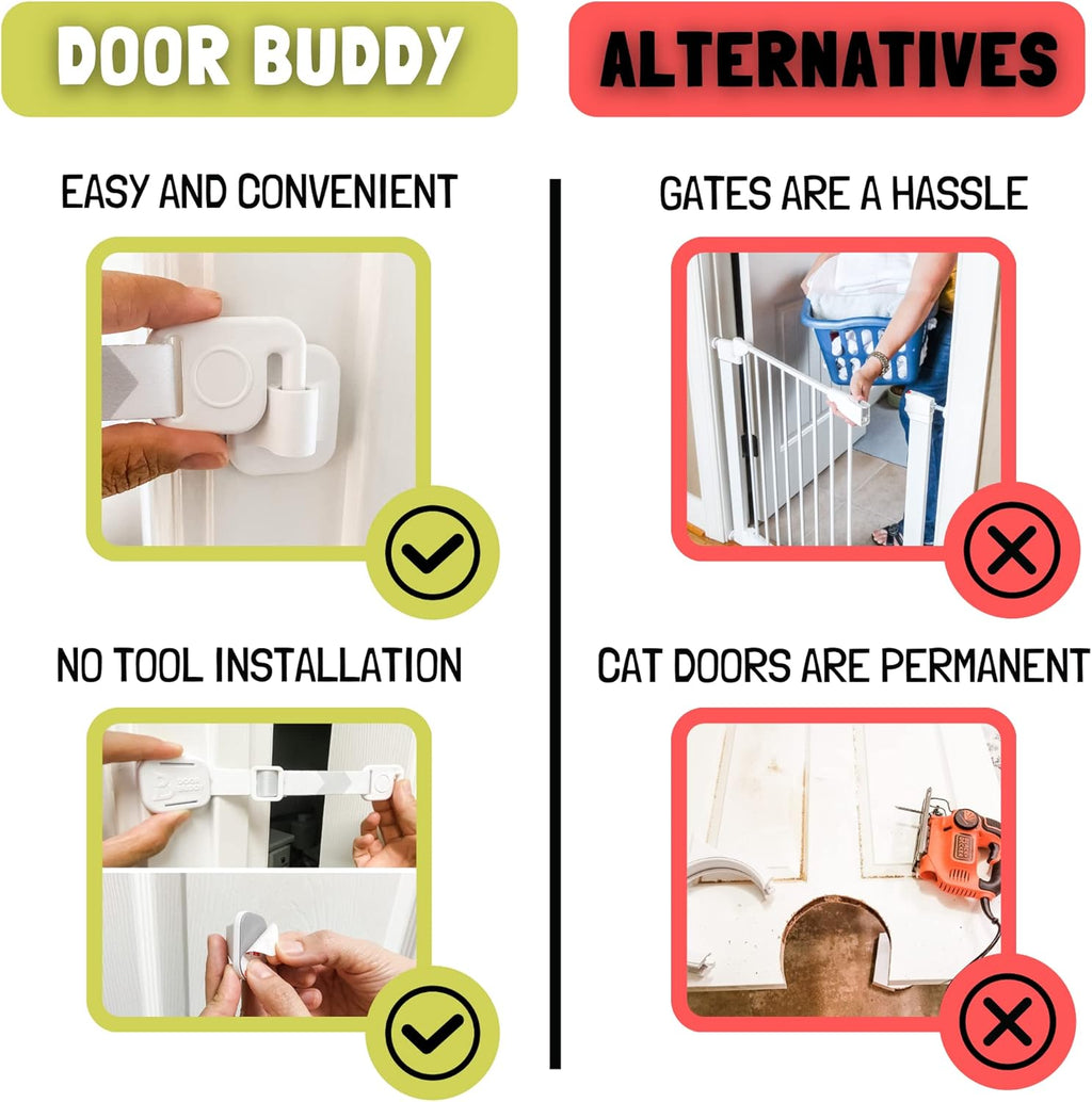 Baby & Cat Door Latch - Grey. Adjustable Strap Keeps Kids Out of Cat Areas. Simple Child Safety Lock for Doors. The