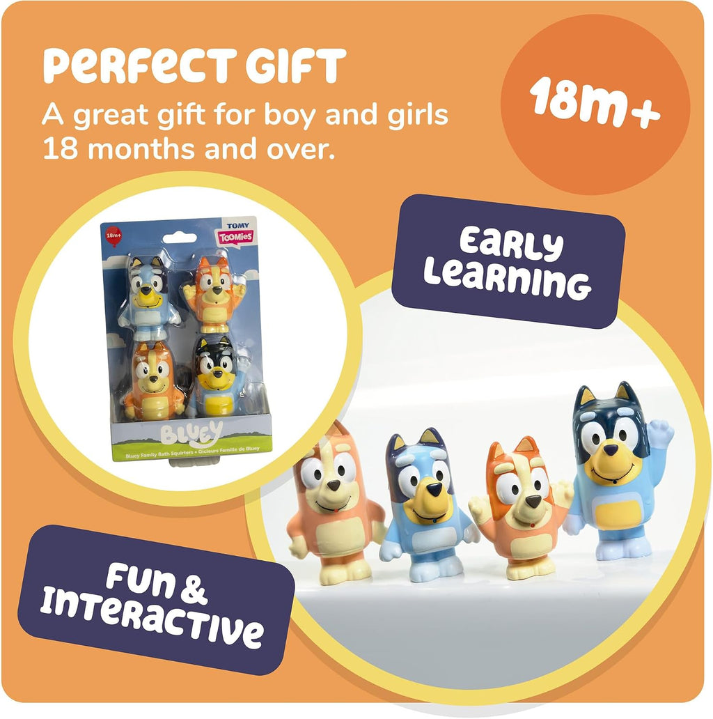 TOMY Toomies Bluey Bath Toy Squirters - Includes Bandit, Chilli, Bingo, and Bluey Figures – Toddler Water Toys for