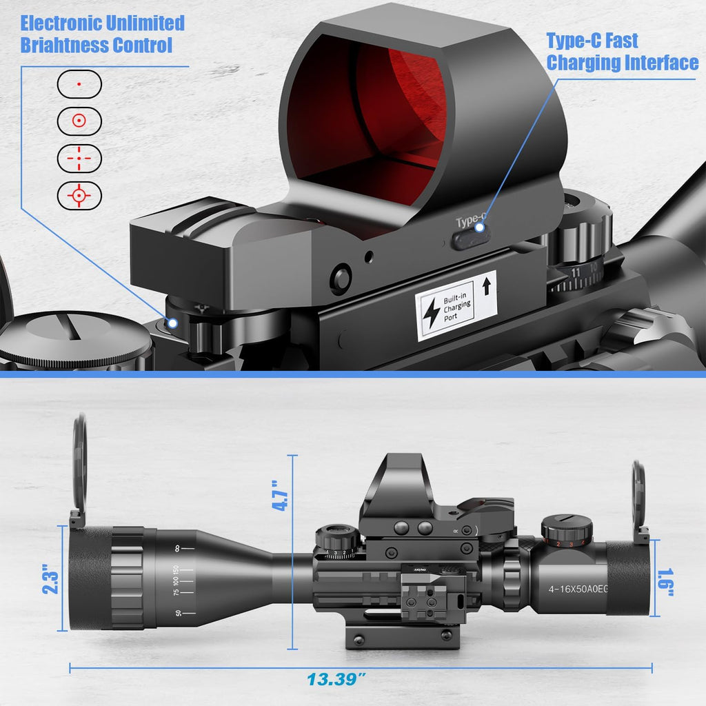 4-16x50 AO Tactical Rifle Scope Hunting Red/Green Dual Illuminated with Red/Green Laser 4 Holographic Reticle Reflex