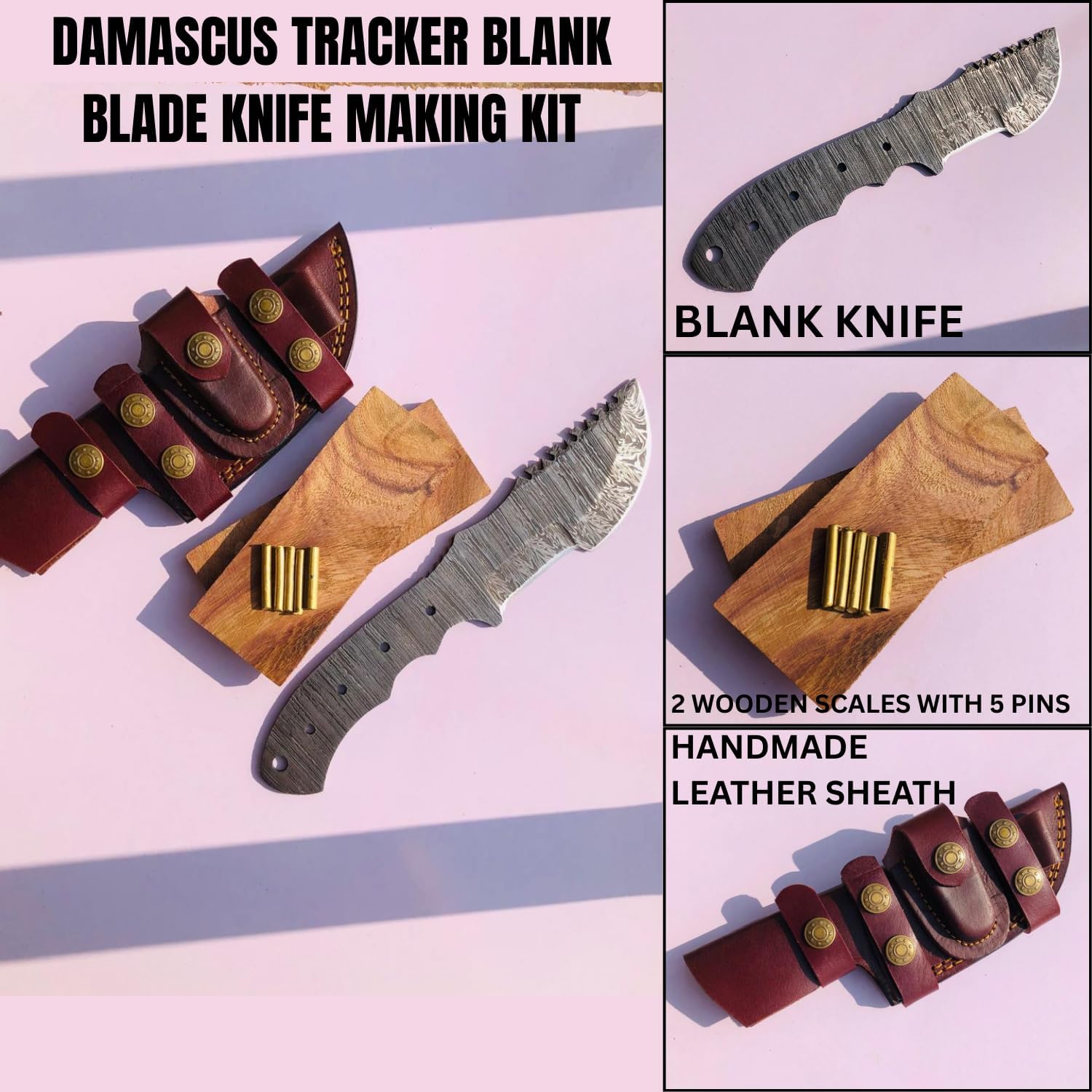 Damascus Tracker Knife Making Kit, Blank Blade, Wooden Handle Scales, Pins & Leather Sheath, DIY Handmade Kit for