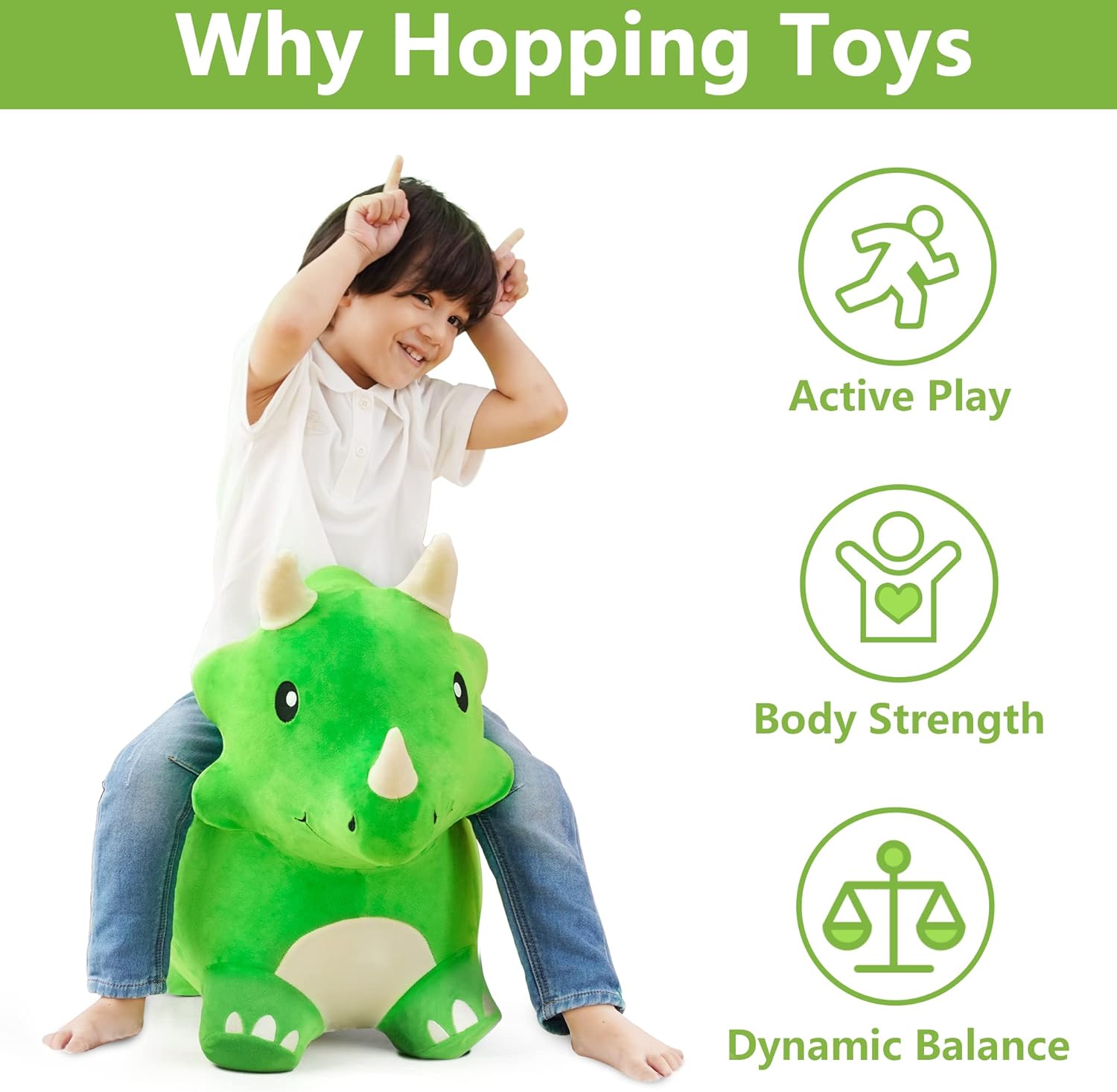 Bouncy Pals Dinosaur Hopper Toy 2 Year Old Boy, Toddler Plush Bounce Animals, Ride on Bouncing Triceratops for Kids
