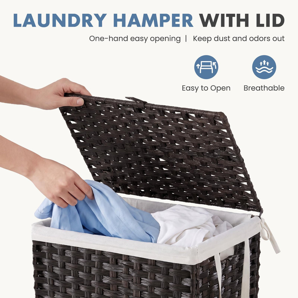 Laundry Basket with Lid, 90L Wicker Laundry Hampers, Chestnut Brown