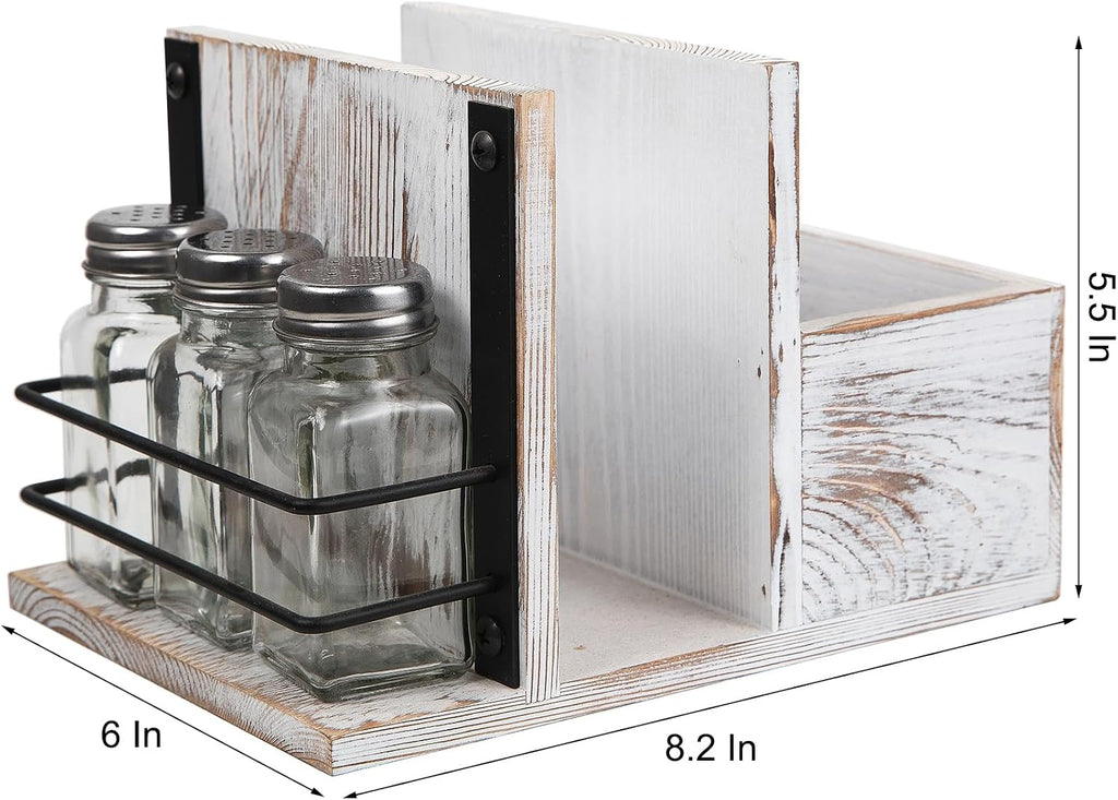 Rustic Whitewashed Wooden Kitchenware Organizer Napkin Utensil Spice Holders Table Seasoning Shakers Chalkboard Label