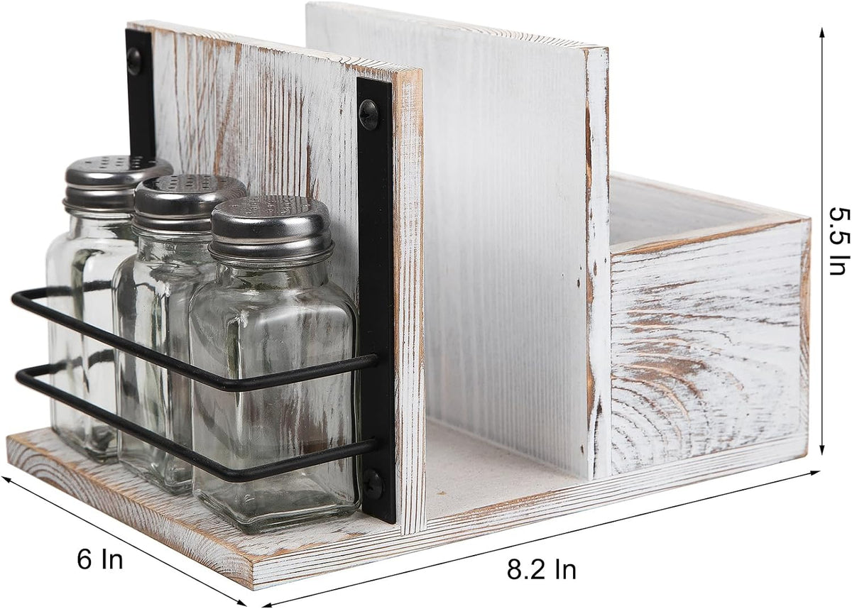 Rustic Whitewashed Wooden Kitchenware Organizer Napkin Utensil Spice Holders Table Seasoning Shakers Chalkboard Label