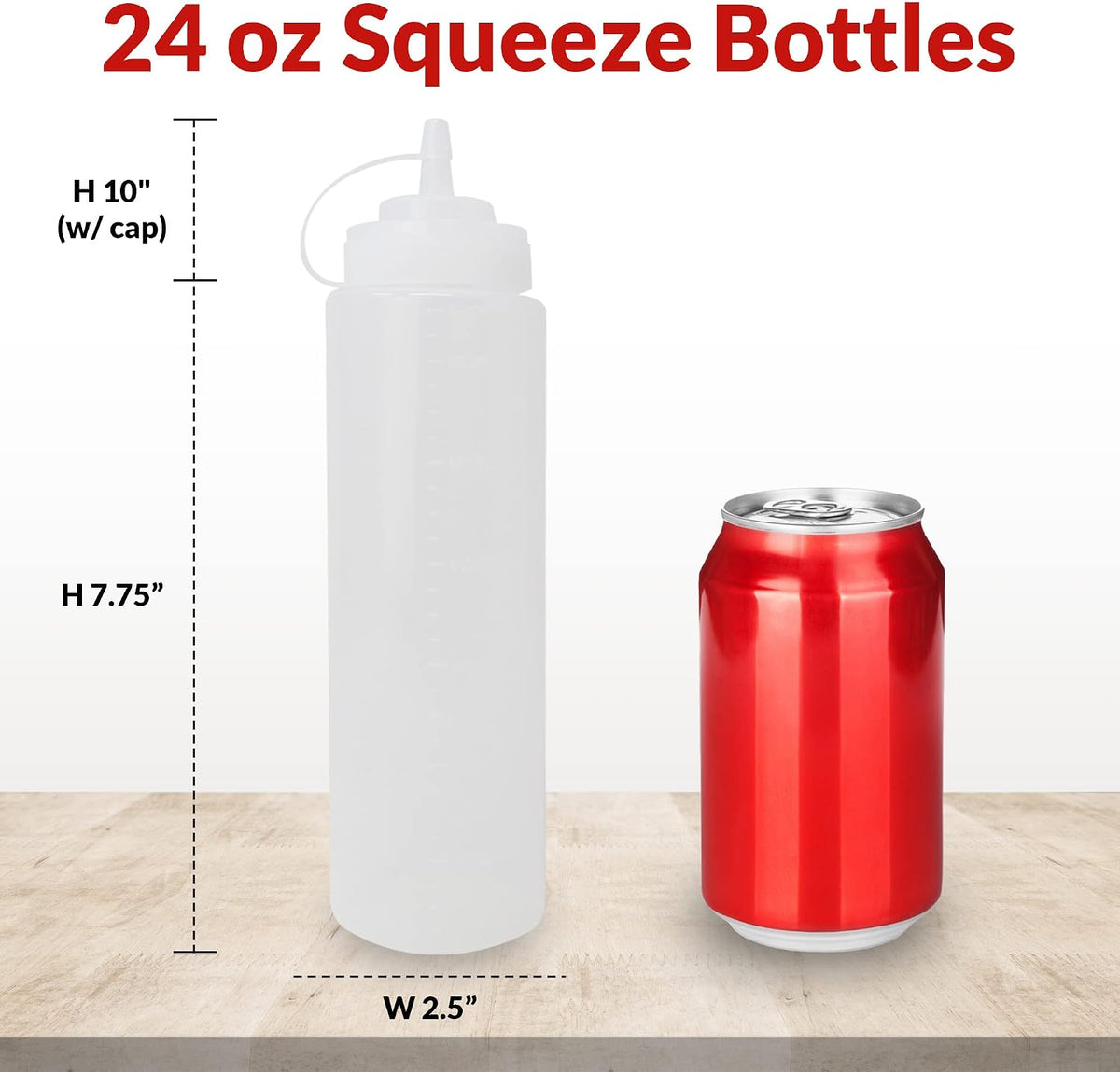 Plastic Squeeze Bottles, 24 oz. | 10 Pack | Clear w/Tethered Caps
