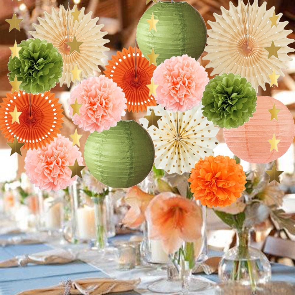 Olive Green and Orange Party Decorations Olive Birthday Party Decorations Peach and Orange Poms Lanterns Beige Fans