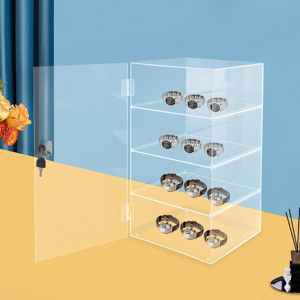 4 Shelf Acrylic Display Case with Lock, Clear Locking Countertop Showcase | Clear Acrylic Countertop Display Case for