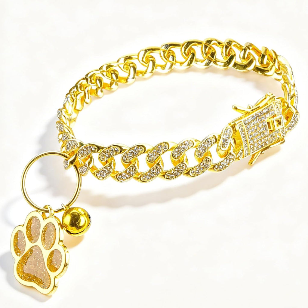 Cat Collar Chain,Diamond Gold Glitter Collar Walking Metal with Secure Buckle Link Cuban Pet Rhinestones Necklace