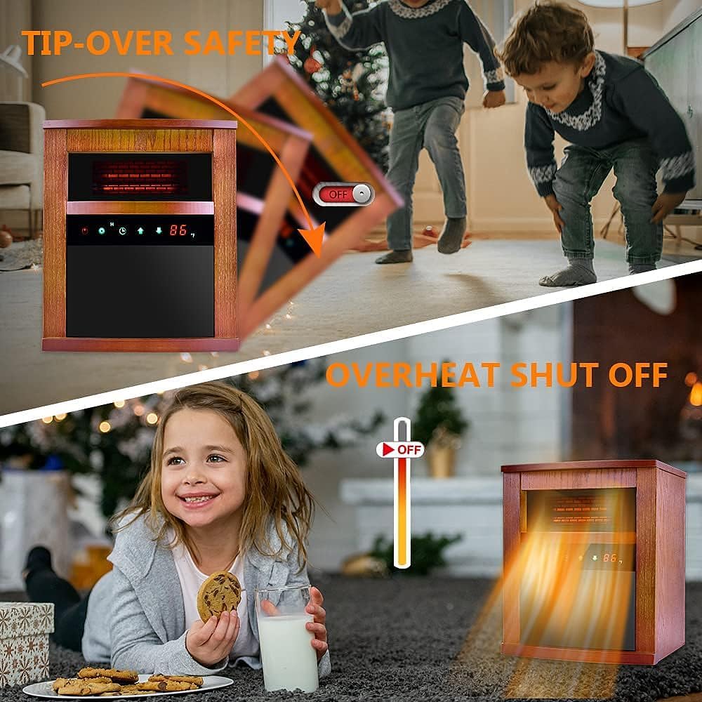 Electric Space Heater, 1500W Infrared Heater w/ 3 Heating Mode, Thermostat, Remote Control & 12h Timer, Small