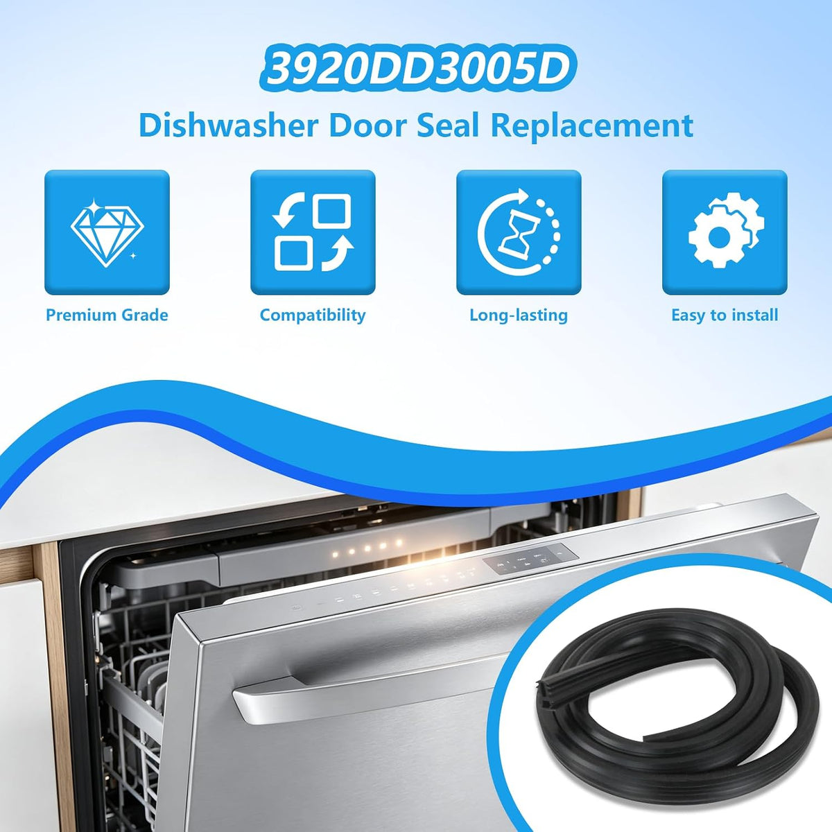 3920DD3005A Dishwasher Rubber Door Seal Fits LG Dishwasher Replacement Parts LDF6810BB-02 LDF6810BB LDF6810BB-01 LG Dishwasher Door Gasket Replacement Comes with 2 Yr Warranty