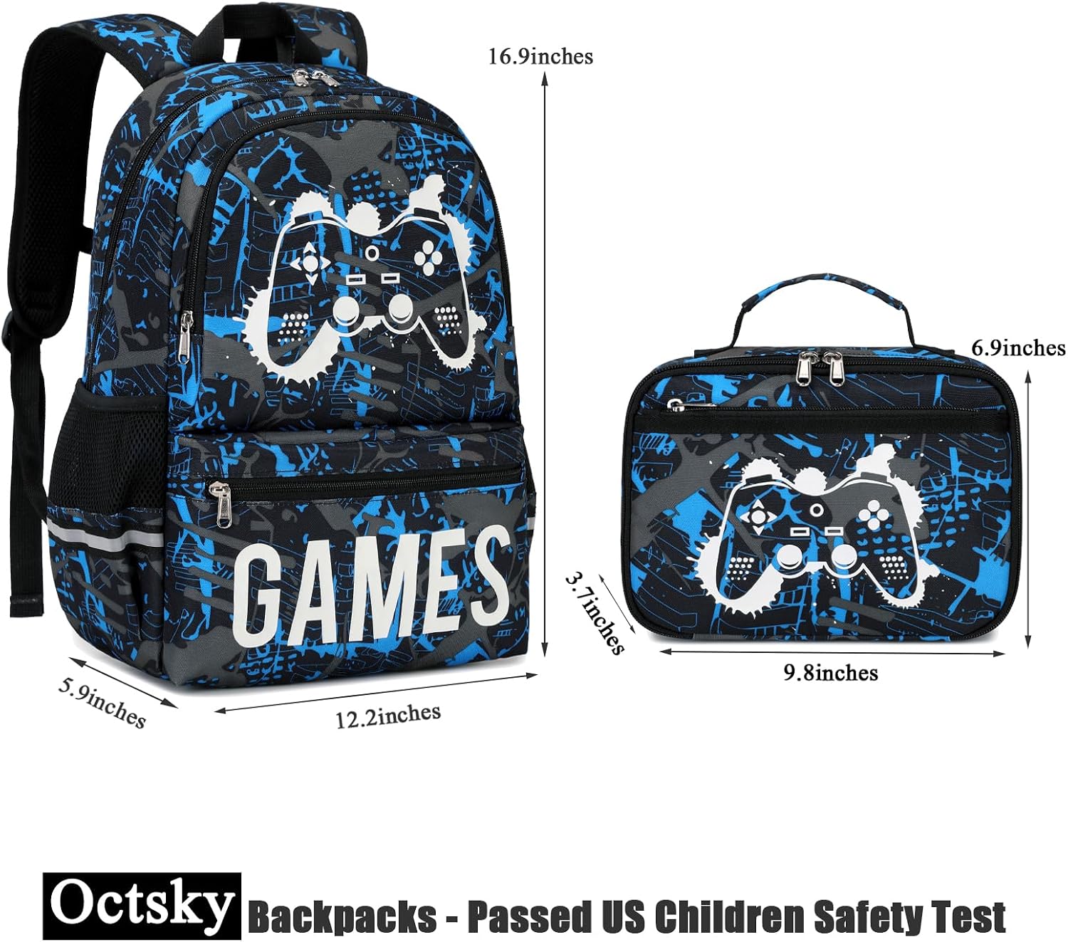 Kids School Backpack for Boys and Girls, Luminous Backpack with Lunch Box, Gamepad Bookbag School Back Pack