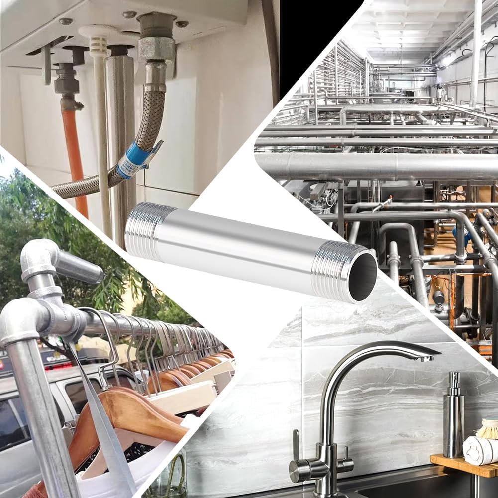 Quickun 304 Stainless Steel Nipple Pipe Fitting, 3/8" NPT x 3/8" NPT Male Malleable Nipple Cast Pipe 6" Length