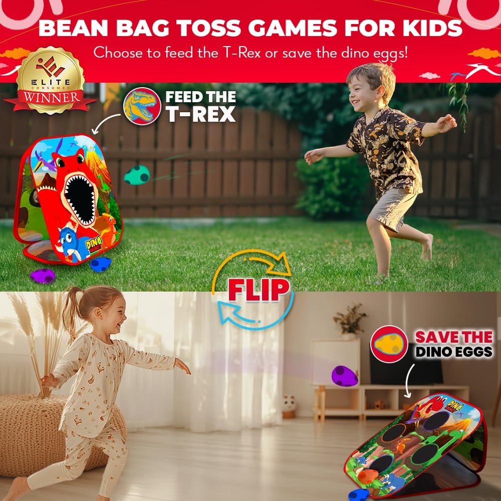 Games - Dino Frenzy | 2-in-1 Corn Hole Games for Kids | 5-Second Setup | Dinosaur Bean Bag Toss Game for Kids | Kid