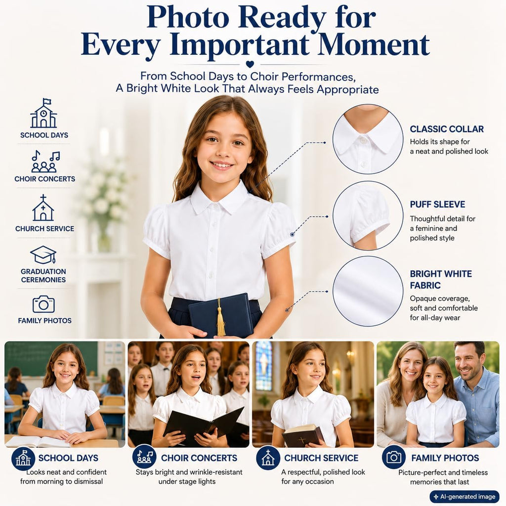 White Wrinkle-Free Girls Blouse: School Uniform Cotton Shirt | Ages 6-13